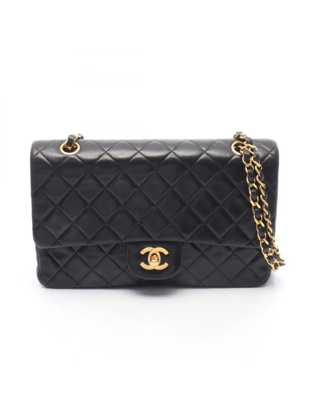 Chanel Shoulder Bag Quilted Double Flap Black Lambskin Chain